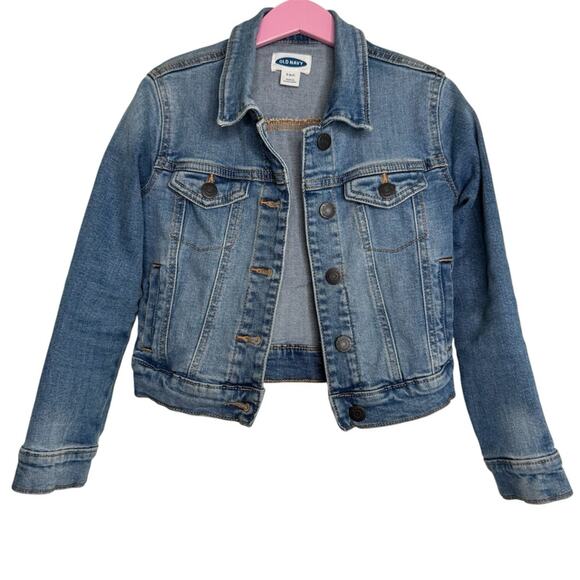 Old Navy Blue Denim Jacket Button Up Long Sleeves Side Pockets Cotton 6-7 Small - Picture 1 of 8